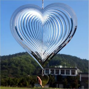 DJUAN Wind Spinner Outdoor Metal Decorations,Silver Heart Wind Spinners for Yard and Garden,Stainless Steel Wind Chimes for Outside Decor,Birthday Gifts for Mom,Mother's Day,Aunt Gifts