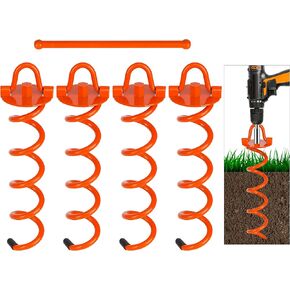 FEED GARDEN 12.2 Inch Spiral Ground Anchors Heavy Duty Screw in Spiral Stakes, 4 Pack Folding Ring Ground Stakes for Securing Dogs,Tents, Trampolines, Canopies, Swing Sets,Orange