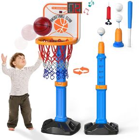 2 in 1 Kids Basketball Hoop and T Ball Set - Electronic Scoreboard,Height Adjustable,Kids Baseball Tee with Automatic Pitching Machine, Indoor Outdoor Sport Toys Gifts for Toddler Boys Girls