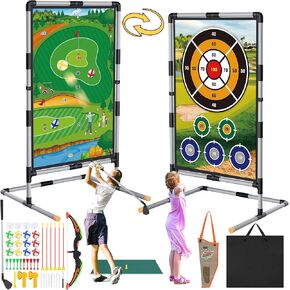 3-in-1 Kids Golf Game and Archery Sets, Axe Throwing Game for Backyard, Darts, Kids Golf Toys, Bow and Arrow, Yard Game, Outdoor Indoor Toys for Toddler, Gifts for 3 4 5 6 7 8 9 10Year Old Boys Girls