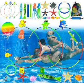 22Pcs Pool Toys for Kids Ages 4-8 8-12, Summer Swimming Dive Toys Set with Diving Swim Thru Rings,Dive Sticks,Dive Rings,Pool Torpedo, Diving Starfish,Diving Octopus, Mesh Bag Include