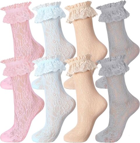 Geyoga 4 Pairs Lace Ruffle Frilly Ankle Socks Women Lace Socks Cute Dress Socks for Women Ladies Princess Accessories in Saudi Arabia