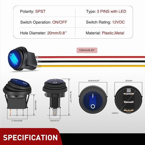 Nilight 5 قطع مقاومة للماء مستديرة الروك تبديل أحمر LED التبديل 12 فولت 20 أمبير 3 دبوس تشغيل SPST لسيارة شاحنة قارب البحرية السيارات RV مع أسلاك طرفية مغلقة in Kuwait