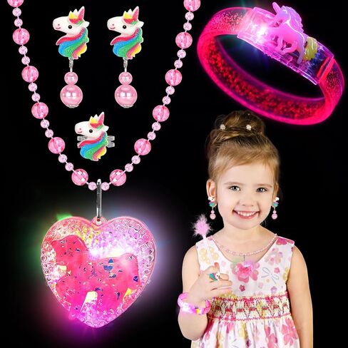 Princess Dress Up for Girls 4-6, Light Up Unicorn Toys for Girls Glow Bracelets Necklaces, Kids Rings Clip on Earrings for Toddler Pretend Play, Halloween Party Favors Christmas Birthday Gifts Ideas in Saudi Arabia