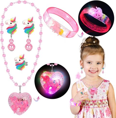 Princess Dress Up for Girls 4-6, Light Up Unicorn Toys for Girls Glow Bracelets Necklaces, Kids Rings Clip on Earrings for Toddler Pretend Play, Halloween Party Favors Christmas Birthday Gifts Ideas in Saudi Arabia