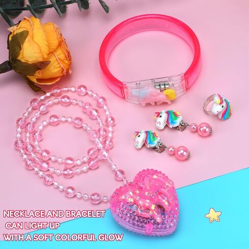 Princess Dress Up for Girls 4-6, Light Up Unicorn Toys for Girls Glow Bracelets Necklaces, Kids Rings Clip on Earrings for Toddler Pretend Play, Halloween Party Favors Christmas Birthday Gifts Ideas in Saudi Arabia