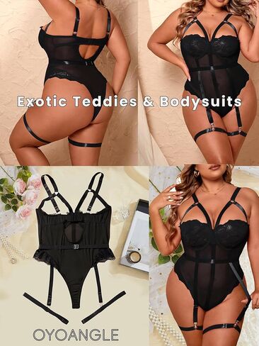 OYOANGLE Women's Plus Size Ring Linked Cut Out Sheer Mesh Teddy Bodysuit Garter Lingerie Set in Saudi Arabia