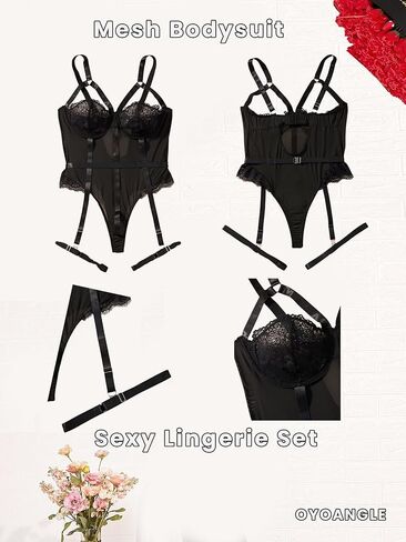 OYOANGLE Women's Plus Size Ring Linked Cut Out Sheer Mesh Teddy Bodysuit Garter Lingerie Set in Saudi Arabia