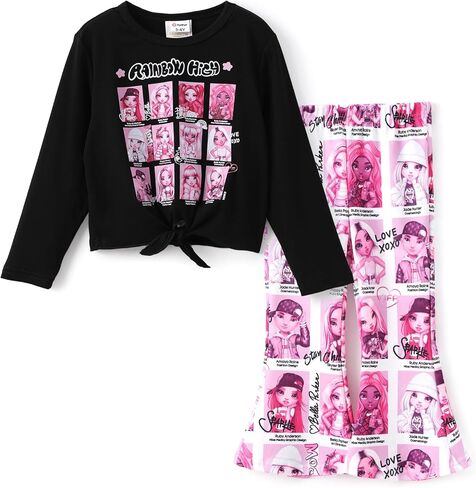 L.O.L. Surprise! Girls 2 Piece Outfits Tie Knot Long Sleeve Tee Top and Heart Pink Bell Bottom Flared Pants Set in Kuwait