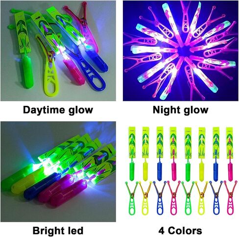 Slingshot Flying with Lights، مجموعة Slingshot مذهلة لطائرات الهليكوبتر المتوهجة، 12 طائرة هليكوبتر + 12 قاذفة، للصيف في الهواء الطلق، لوازم الحفلات المظلمة 24 قطعة in Saudi Arabia