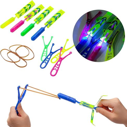 Slingshot Flying with Lights، مجموعة Slingshot مذهلة لطائرات الهليكوبتر المتوهجة، 12 طائرة هليكوبتر + 12 قاذفة، للصيف في الهواء الطلق، لوازم الحفلات المظلمة 24 قطعة in Saudi Arabia