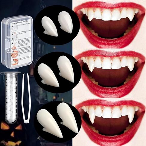 vovea أنياب أسنان مصاصي الدماء، أسنان وهمية أنياب مصاصي الدماء واقعية ملحقات تنكرية للنساء والرجال الدعائم التنكرية لحفلات الهالوين، 3 أزواج 3 أحجام مع مادة لاصقة لمدة 145+ شهرًا in Kuwait
