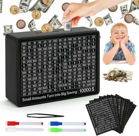 Cash Vault Wooden Money Box，Wooden Money Box with 8 Saving Targets，One Piece Cash Vault Wooden Savings Box Coin Money Savings Box with Counter ，Gift for Adults Kids Boys Girl (Black Color) in Saudi Arabia