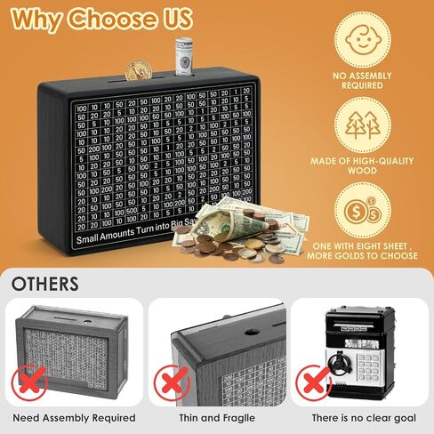 Cash Vault Wooden Money Box，Wooden Money Box with 8 Saving Targets，One Piece Cash Vault Wooden Savings Box Coin Money Savings Box with Counter ，Gift for Adults Kids Boys Girl (Black Color) in Saudi Arabia