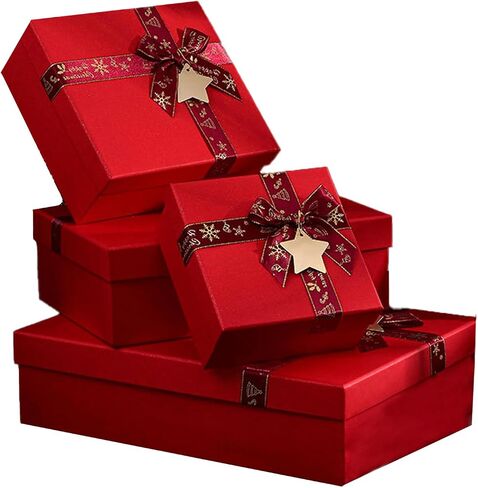 Krdrgey 4-Pack Christmas Gift Boxes with Lids, Golden Ribbons, Red and Green, 4 Sizes Boxes for Holiday Gifting, Party Favors, Treats, and Hostess Decor (red) in Saudi Arabia