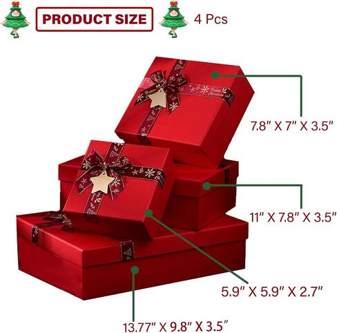 Krdrgey 4-Pack Christmas Gift Boxes with Lids, Golden Ribbons, Red and Green, 4 Sizes Boxes for Holiday Gifting, Party Favors, Treats, and Hostess Decor (red) in Saudi Arabia