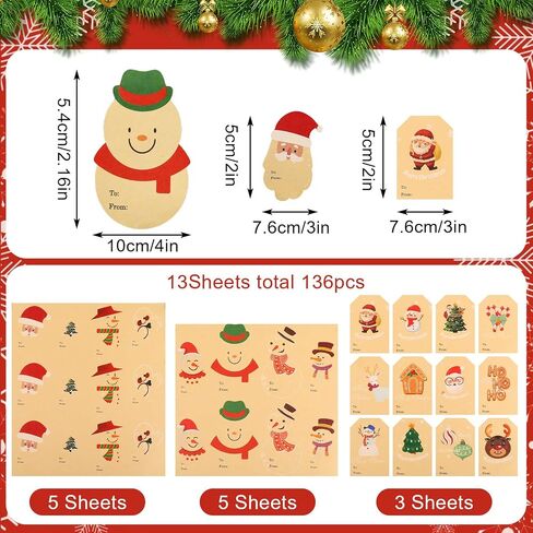 136 Pcs Christmas Tags Stickers, 20 Pattern Design Christmas Presents Labels Stickers, Self Adhesive Natural Kraft Paper Christmas Name Tags for Xmas Gifts Wrap Presents Boxes Decoration (2×3inch) in Saudi Arabia