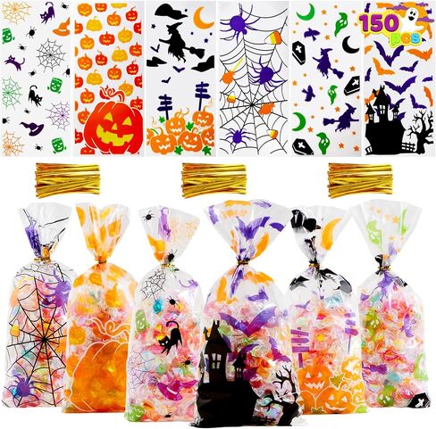 JOYIN 150 PCS Halloween Cellophane Candy Bags Clear Treat Bags with Twist Ties, Trick or Treating Bags, Halloween Goodie Bags Non Candy Cookie Bags for Kids Halloween Party Favors Supplies in Saudi Arabia