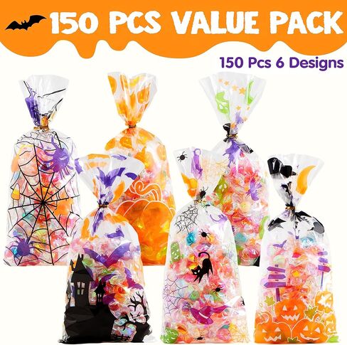 JOYIN 150 PCS Halloween Cellophane Candy Bags Clear Treat Bags with Twist Ties, Trick or Treating Bags, Halloween Goodie Bags Non Candy Cookie Bags for Kids Halloween Party Favors Supplies in Saudi Arabia