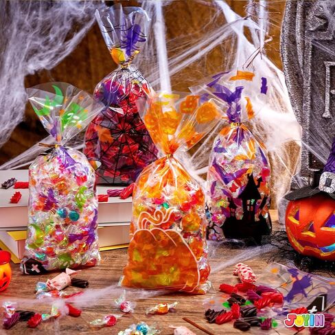 JOYIN 150 PCS Halloween Cellophane Candy Bags Clear Treat Bags with Twist Ties, Trick or Treating Bags, Halloween Goodie Bags Non Candy Cookie Bags for Kids Halloween Party Favors Supplies in Saudi Arabia