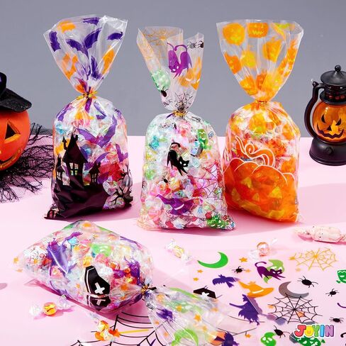 JOYIN 150 PCS Halloween Cellophane Candy Bags Clear Treat Bags with Twist Ties, Trick or Treating Bags, Halloween Goodie Bags Non Candy Cookie Bags for Kids Halloween Party Favors Supplies in Saudi Arabia
