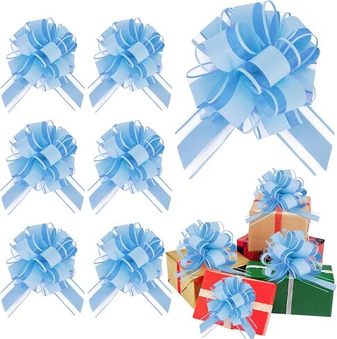 6pcs 7 Inch Pull Bows Pastel Blue Gift Wrap Bows for Gift Wrapping Ribbon Pull Gift Bows for Gift Basket Flower Wrapping Christmas Easter Birthday Baby Shower Party Decorations in Kuwait