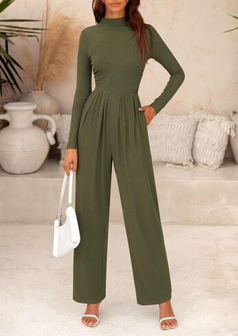 PRETTYGARDEN Women's Jumpsuit Dressy Casual One Piece Outfits Long Sleeve Mock Neck Wide Leg Pants Rompers in Saudi Arabia