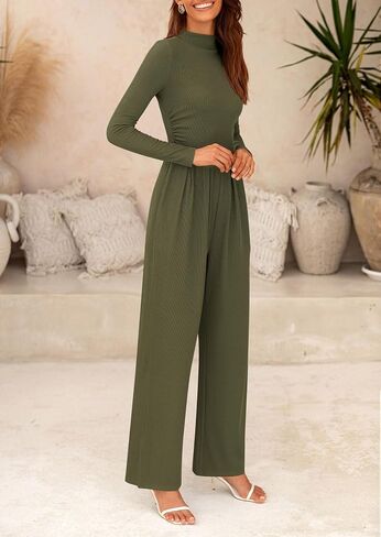 PRETTYGARDEN Women's Jumpsuit Dressy Casual One Piece Outfits Long Sleeve Mock Neck Wide Leg Pants Rompers in Saudi Arabia
