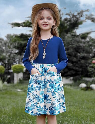Arshiner Little Girls Dress Long Sleeve Solid Color Casual Skater Pocket Dress in Kuwait