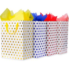 Plauthus 16" Extra Large Gift Bags for Presents with Tissue Paper for Birthday Party and Baby Shower (4 Pack, Gold, Rose Gold, Blue, Red metallic dots)