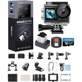 AKASO Action Camera Bundle with Brave 4 Pro 4K30fps Sports Camera, 64GB MicroSD U3 Card, Remote Control, Waterproof Case, 2x1350mAh Batteries, Charger and Other Accessories