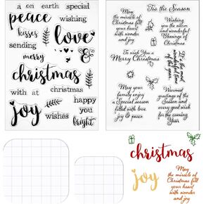 4 Pieces Words Christmas Clear Stamps Set Silicone Christmas Greeting Stamps Sentiments Merry Christmas Crafts Stamps Acrylic Stamp Blocks Tools with Grid Lines for Card Making Decor DIY Scrapbooking