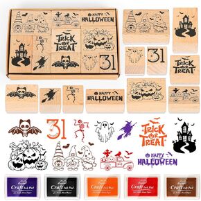 16Pcs Halloween Wooden Rubber Stamps with Craft Ink Pads Mixed Spooky DIY Craft Card Stamps Pads for Party Gift Decor Scrapbooking Cards Making