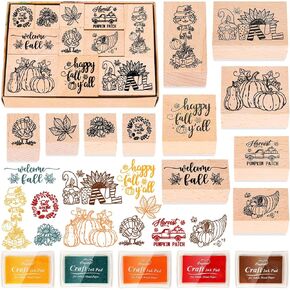 16Pcs Halloween Wooden Rubber Stamps with Craft Ink Pads Mixed Spooky DIY Craft Card Stamps Pads for Party Gift Decor Scrapbooking Cards Making