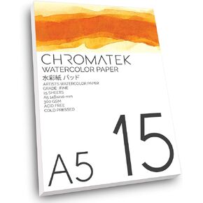 A4 Extra Fine Grade Watercolor Pad, 15 Sheets, 300 GSM, Cold Pressed, Acid Free, Professional Paper Designed for Watercolor Paints and Watercolor Pens, by Chromatek