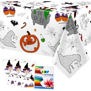 Faccito 3 Pcs Giant Halloween Coloring Tablecloth 108 x 54 Inch Halloween Paper Table Cover with 24 Color Crayons Halloween Coloring Poster Activity Disposable Table Cloth for Kids Holiday Party