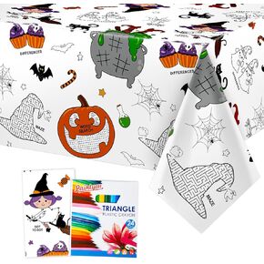 Faccito Giant Halloween Coloring Tablecloth 108 x 54 Inch Halloween Paper Table Cover with 24 Color Crayons Halloween Coloring Poster Activity Disposable Table Cloth for Kids Holiday Party Decor