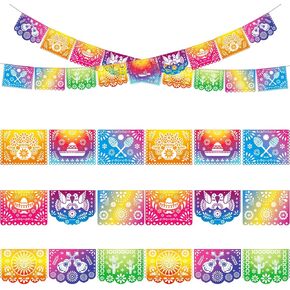 DomeStar Mexican Party Banners, 18 Feet Plastic Fiesta Papel Picado Cinco de Mayo Dia De Los Muertos Decor Day of the Dead Decorations Mexican Party Supplies