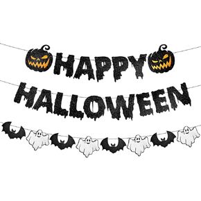 Black Glitter Happy Halloween Banner - Halloween Hanging Paper Garland Bunting Banner with Pumpkin, Ghost, and Bat Decorations, Photo Backdrop for Wall Home Mantle Office Wall Scary Party Supplies