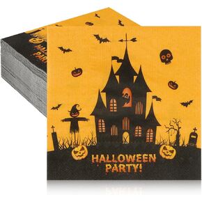 Halloween Napkins, 50 Pack Halloween Paper Napkins Disposable, Halloween Cocktail Napkins, Orange Black Castle Spooky House Decorative Dinner Hand Napkins for Halloween Party Supplies, 6.5 x 6.5 Inch