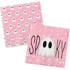 AnyDesign 50Pcs Halloween Paper Napkins Disposable Double-Sided Bow Ghost Luncheon Napkins Pink Decorative Dinner Napkin for Home Party Table Decor, 6.5 x 6.5 inch