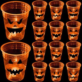 mishunyus 24 Pcs Halloween Glow Pumpkin Party Cups, Night Party Decoration & for Kids, Adults Trick or Treat Happy Halloween Cups, Orange Plastic Cups Supplies Tableware (16 oz)