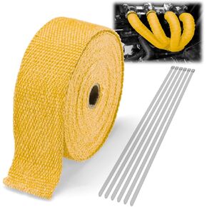 Yellow Exhaust Pipe Insulation Thermal Heat Wrap 2" x 50' Motorcycle Header Protection Fiberglass Heat Shield 6X Stainless Ties