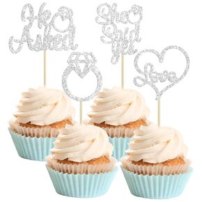 Gyufise He Asked She Said Yes Cupcake Toppers Gold Glitter Diamond Ring Heart Love Cake Picks for Wedding Engagement Party Cake Decorations 24 Pack