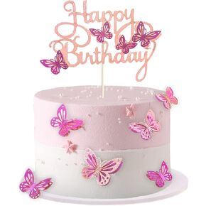 13-Pieces 3D Butterfly Cupcake Topper for Girls Women's Happy Birthday Cake Decorations Party Decorations(Pink)