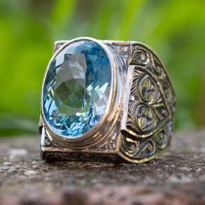 LRESJJIUJ Men's Stainless Steel Retro Cubic Zirconia Square Cut Stone Seal Hand Carved Ring Blue Topaz gem Men's Silver Ring(Size 9)