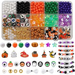 Halloween Beads for Bracelet Making Kit, Orange Black Round Beads Pumpkin Star Gold Pearls Beading Set with Witch Hat Ghost Charms Pendants for Jewelry Making, DIY Craft Arts Halloween Gifts