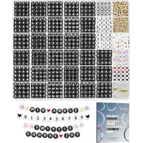 Mio Angle Letter Beads 1640Pcs 39 Styles Friendship Bracelets Assorted Number Beads Preppy Beads Jewelry Making Kit with Beads Case for Teen Girl Gifts Ages 6 7 8 9 10 11 12 （Black Letter White Beads）
