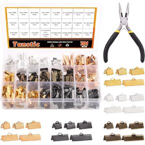 Tanstic 701Pcs Ribbon Ends with Pliers Set 5 Size 5 Color Ribbon Clamps Bookmark Pinch Crimp Cord Ends Fasteners Clasp Leather Crimp Ends Leather Ribbon Crimp Ends for Jewelry Making