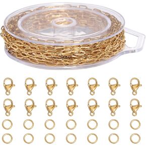 Yochus 5 Meters Gold Chain Bulk for Jewelry Making Stainless Steel Paperclip Cable Jewelry Making Chains with Lobster Clasps and Open Jump Rings
